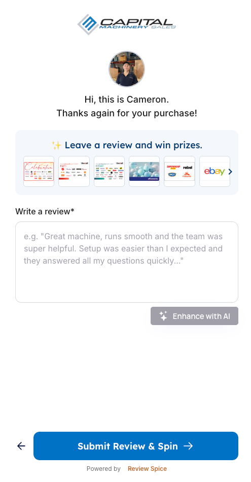 Review Spice personalized review request form with placeholder guidance text